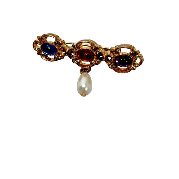 Vintage Cabochon Bar Pin Brooch Faux Pearl Drop Gold Tone VTG - Picture 3 of 16
